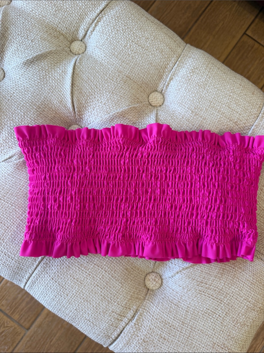 Smocked Selvedge Ruffle Bandeau Bikini Top - Hot Pink M Pads - Picture 3 of 5